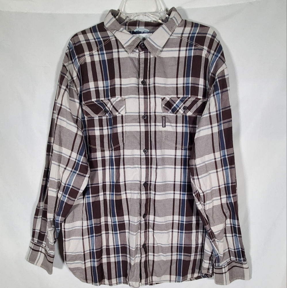 COLUMBIA PLAID FLANNEL BROWN BLUE GRAY LONG SLEEVE BUTTON-UP